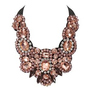 Champagne Peach Crystal Statement Bib Necklace Black Ribbon Tie Glam Jewelry